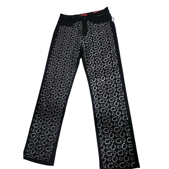 Guess Party Fashion High Rise Straight Jeans Rhinestone Black Denim Size 6/28 - Picture 1 of 12